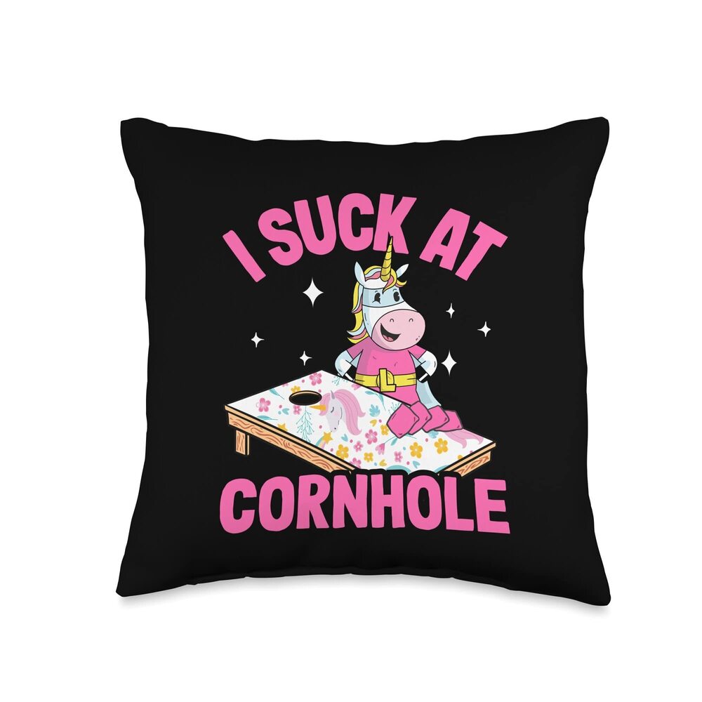 3290 I Suck At Cornhole Loser FunnyJoke Pink Unicorn Corn Hole Throw Pillow
